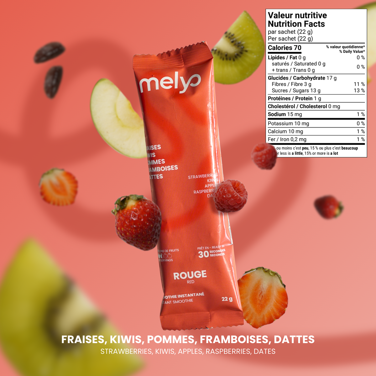 Smoothie Instantané Rouge (Fraises, Kiwis, Pommes, Framboises & Dattes)