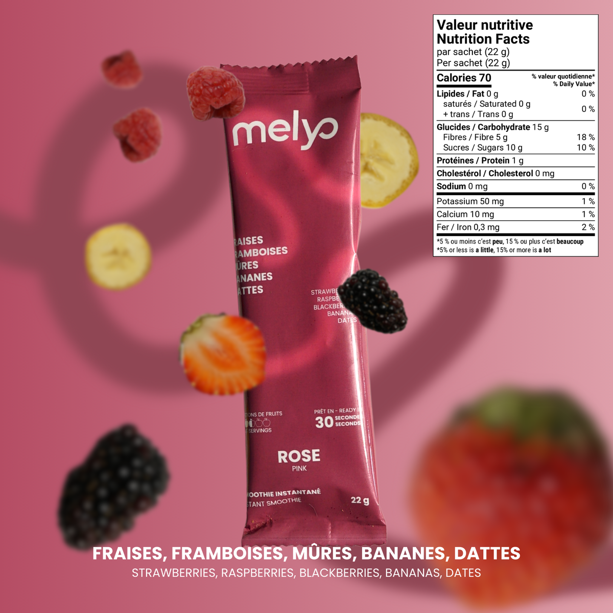 Smoothie Instantané Rose (Fraises, Framboises, Mûres, Bananes & Dattes)