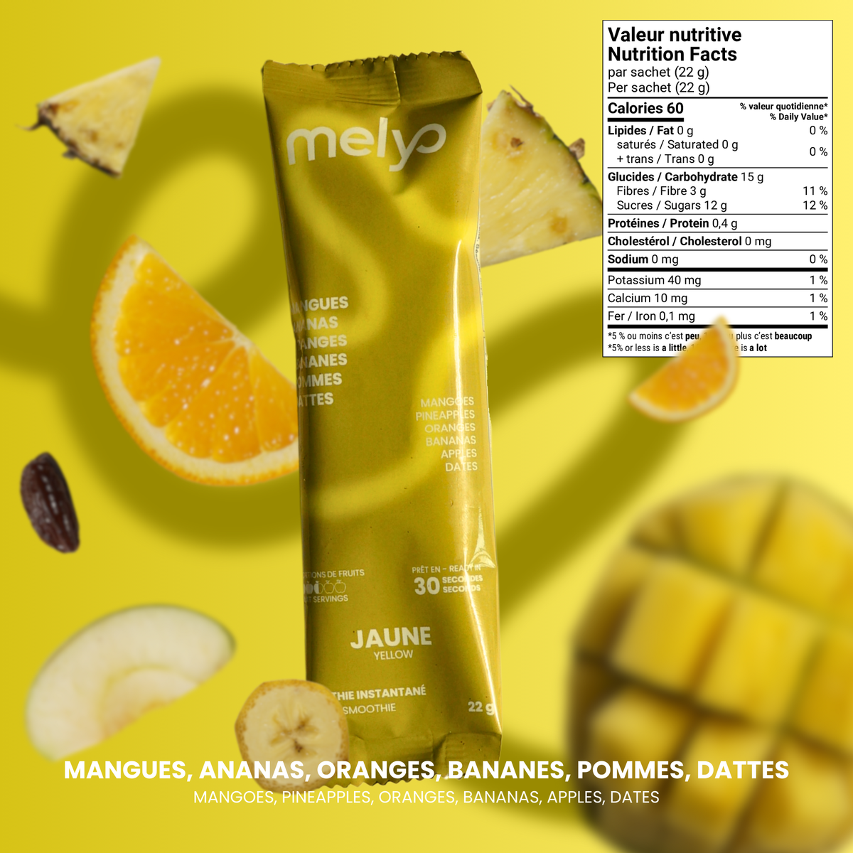 Smoothie Instantané Jaune (Mangues, Ananas, Oranges, Bananes, Pommes & Dattes)