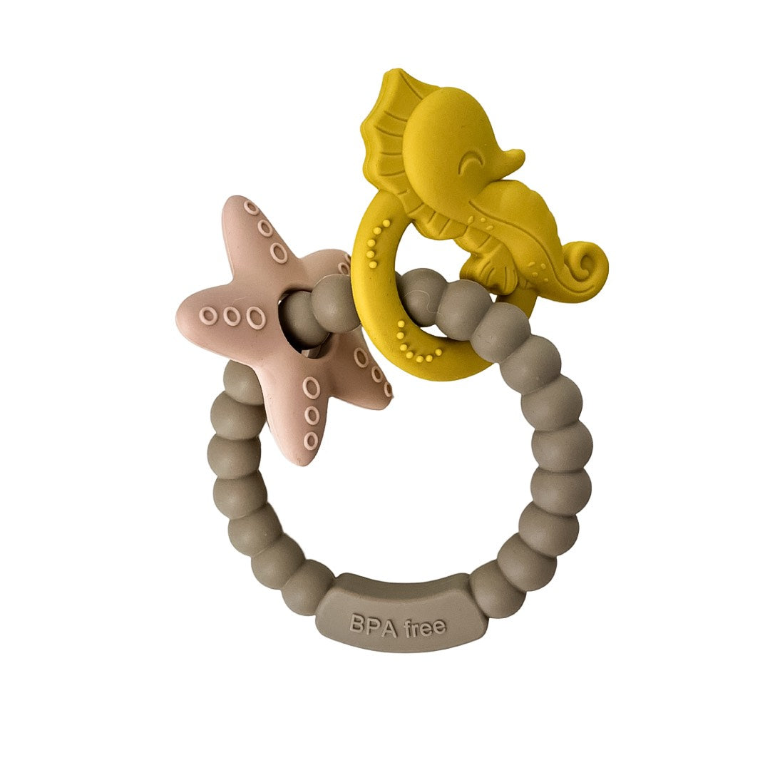 Jouet De Dentition Anneau Silicone Hippocampe Étoile De Mer Beige