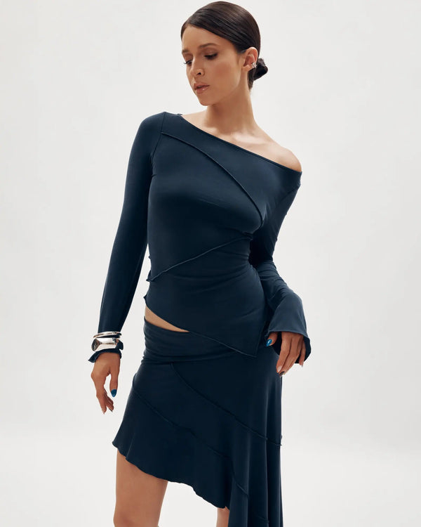 Jupe Midi Asymétrique Bleu Gris
