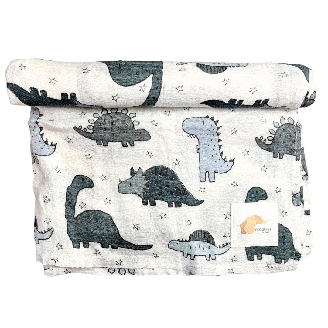 Mousseline Coton Dinosaures Gris Et Bleu