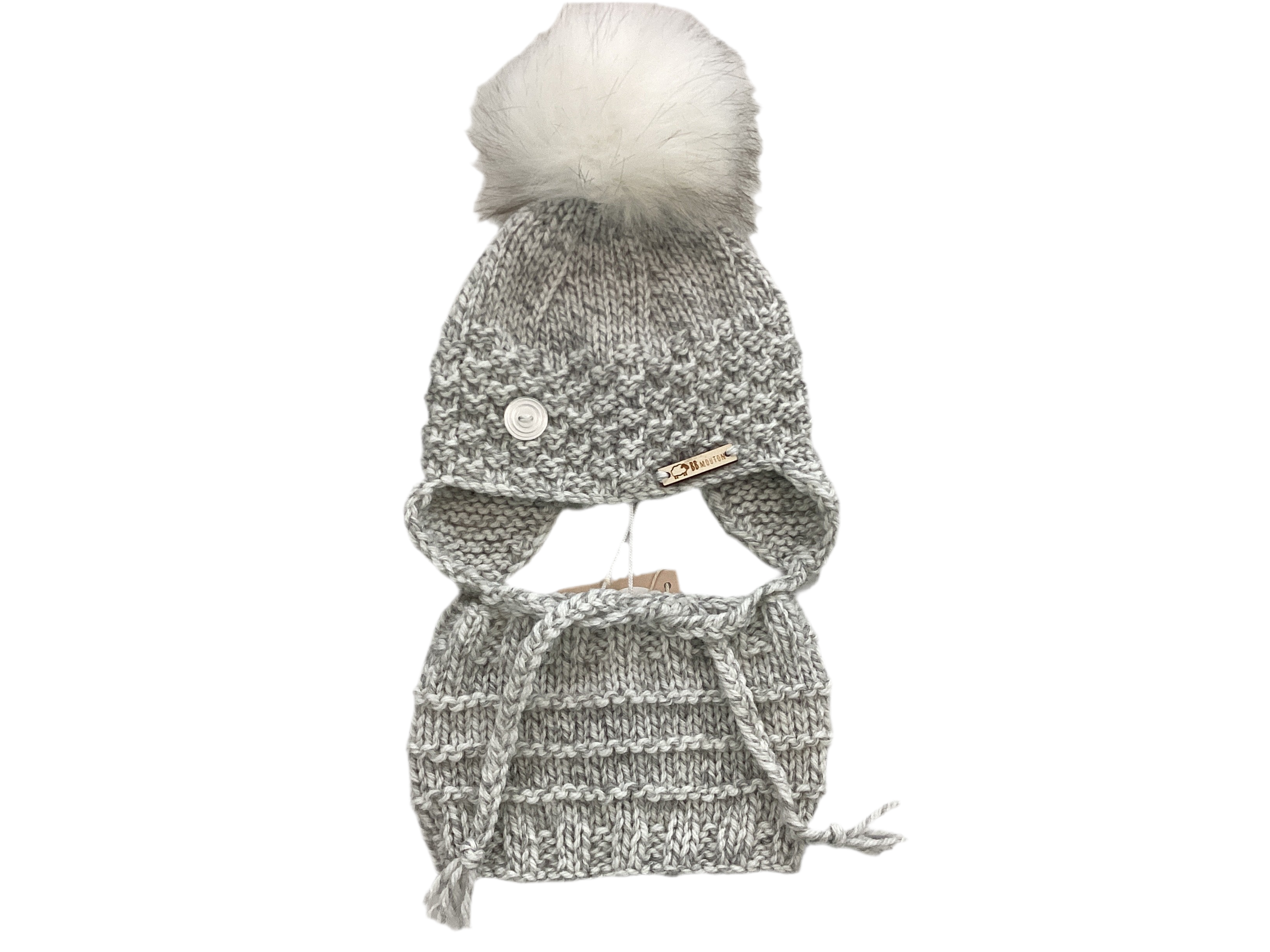 Tuque Avec Cache-Oreilles & Cache-Cou Gris-Blanc (0-3 Mois)