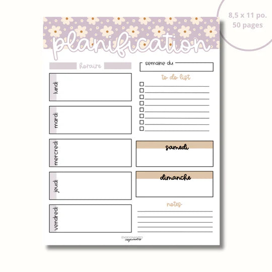 Bloc-Notes Planification Hebdomadaire Marguerites Lilas