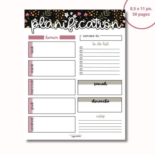 Bloc-Notes Planification Hebdomadaire Noire Fleurie