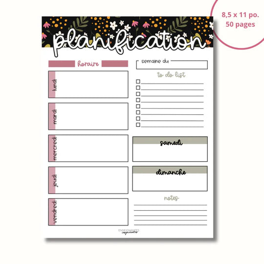 Bloc-Notes Planification Hebdomadaire Fleurie Noire