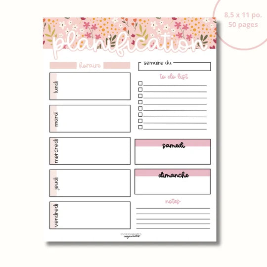 Bloc-Notes Planification Hebdomadaire Rose Fleurie