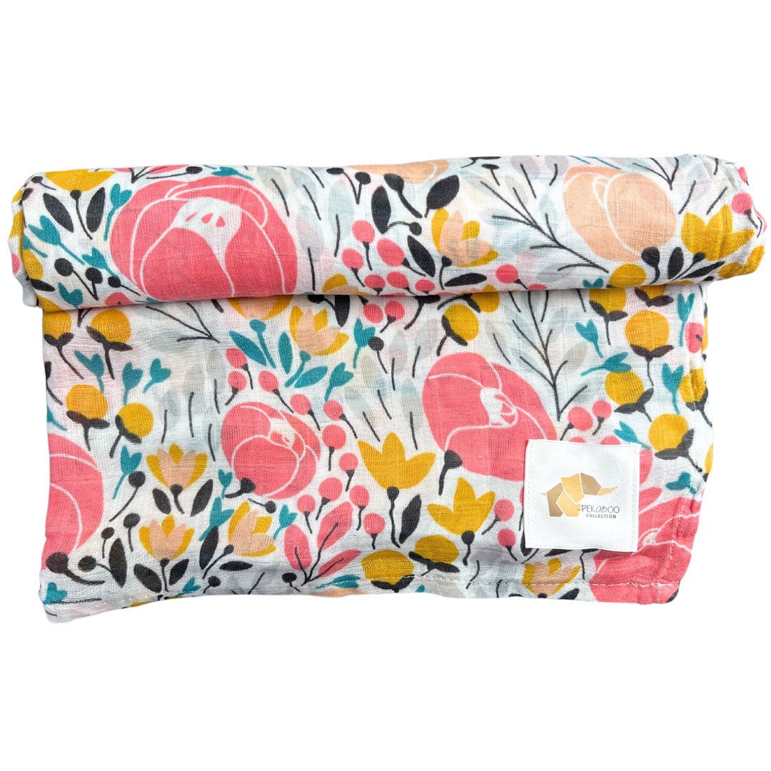 Mousseline Coton Fleuri Rose Jaune Et Bleu