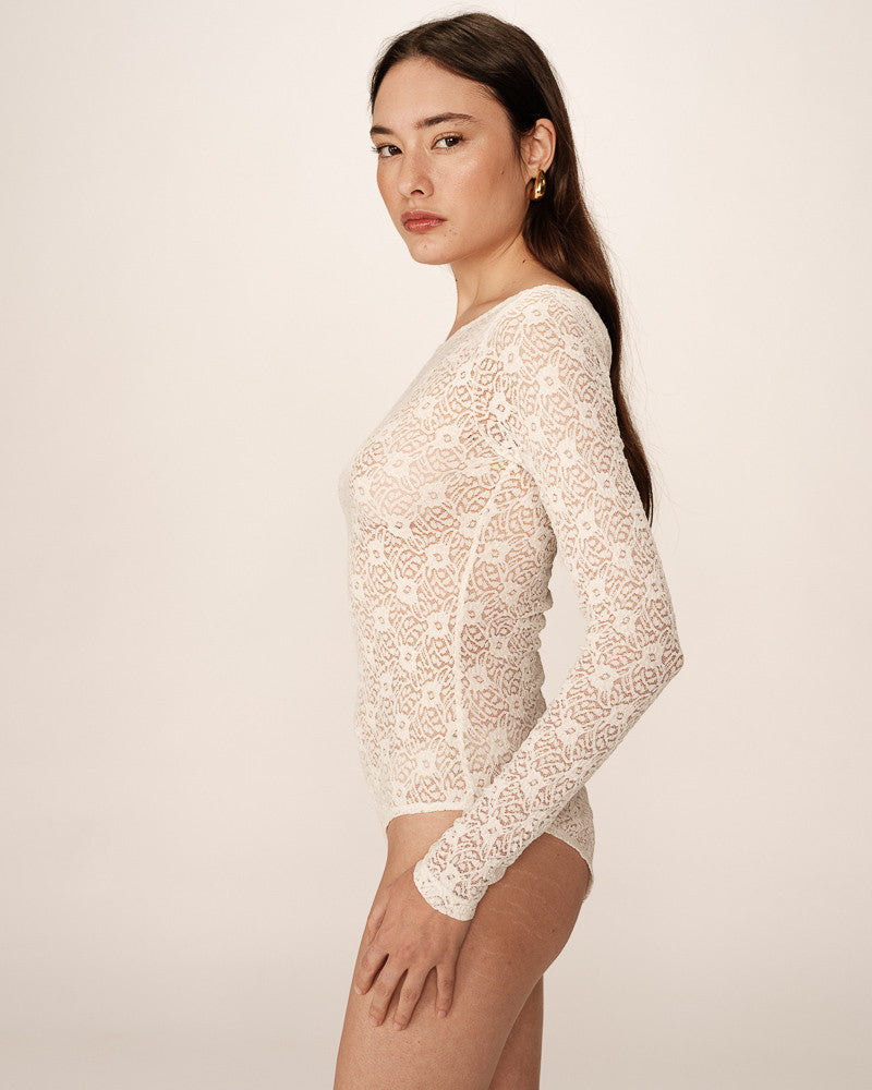 Body En Dentelle Manche Longue Blanc Crème