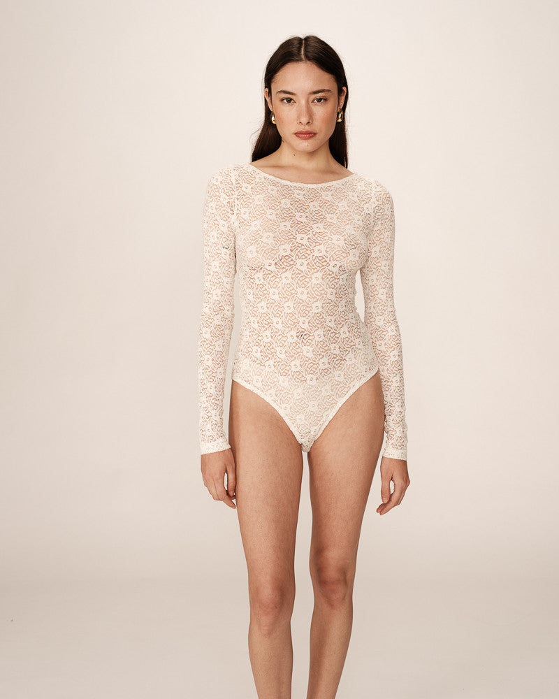 Body En Dentelle Manche Longue Blanc Crème