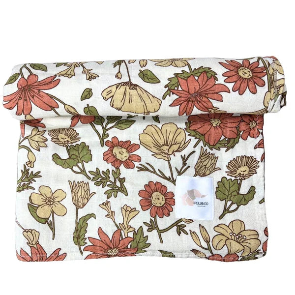 Mousseline Bambou Fleurs Marguerites Rust