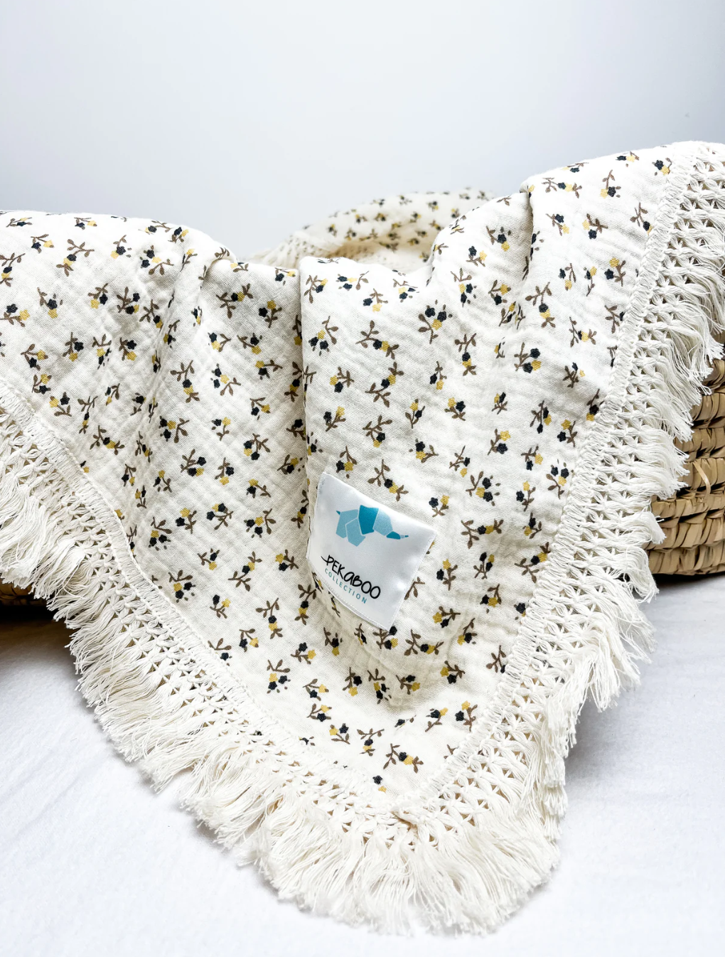 Mousseline Coton Et Bambou À Frange Petites Fleurs Marine Et Jaune