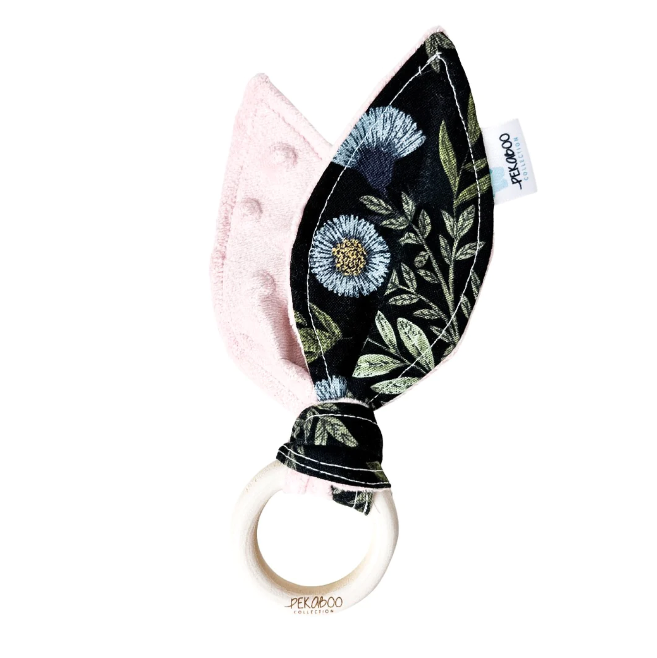 Anneau De Dentition Bois Oreille De Lapin Fleuri Noir (Endos Rose)