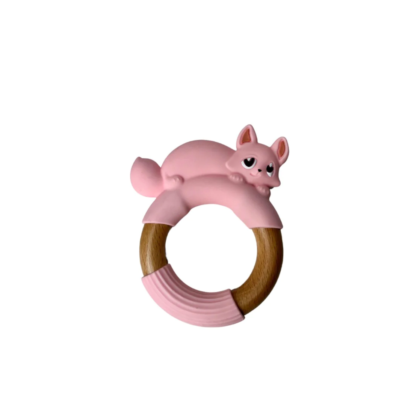 Jouet De Dentition Anneau Bois Chat Rose