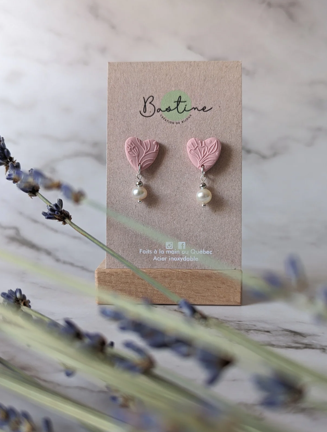 Boucles D'oreilles Capucine Coeur Perle Dentelle Rose