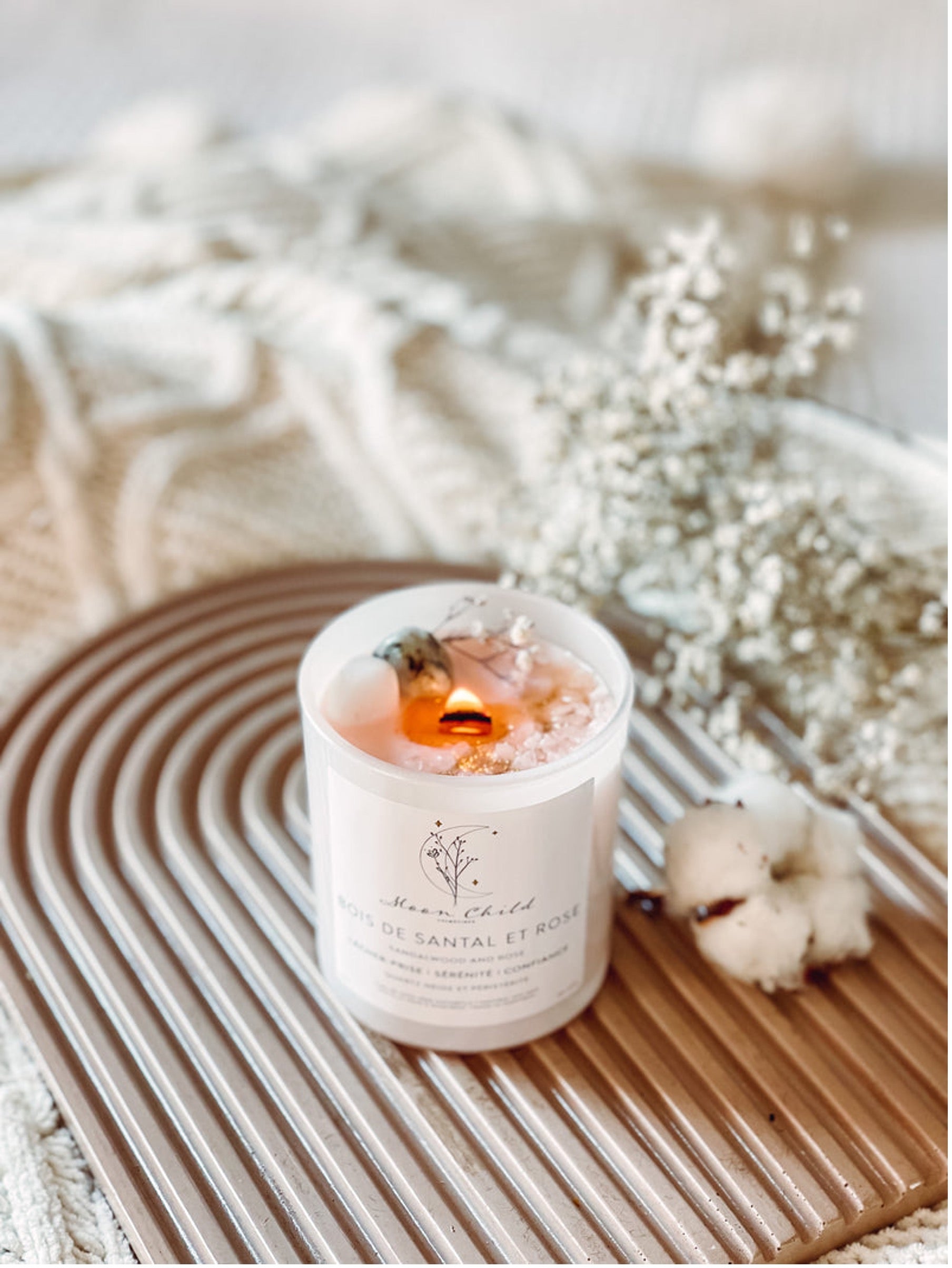 Chandelle Bois De Santal & Rose - Quartz Neige & Péristérite