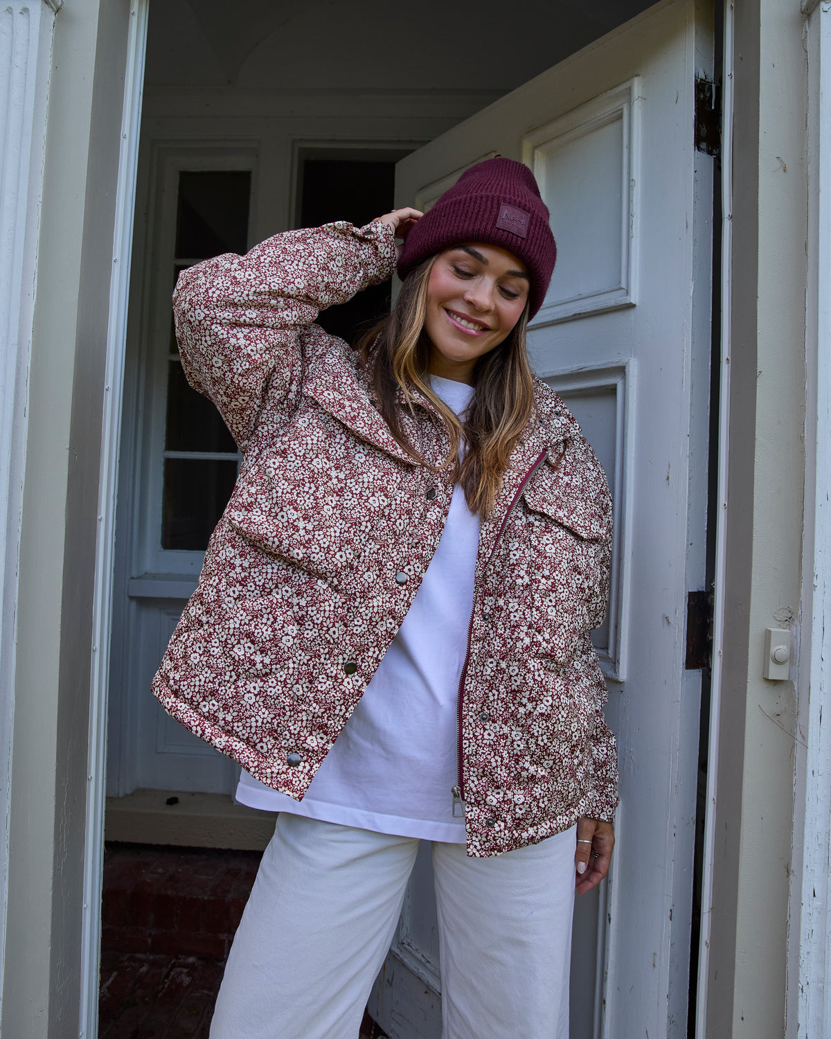 Manteau Matelassé Isabella Fleurs Bourgognes & Crème