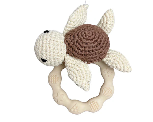 Hochet Silicone Et Crochet Tortue Beige Brun