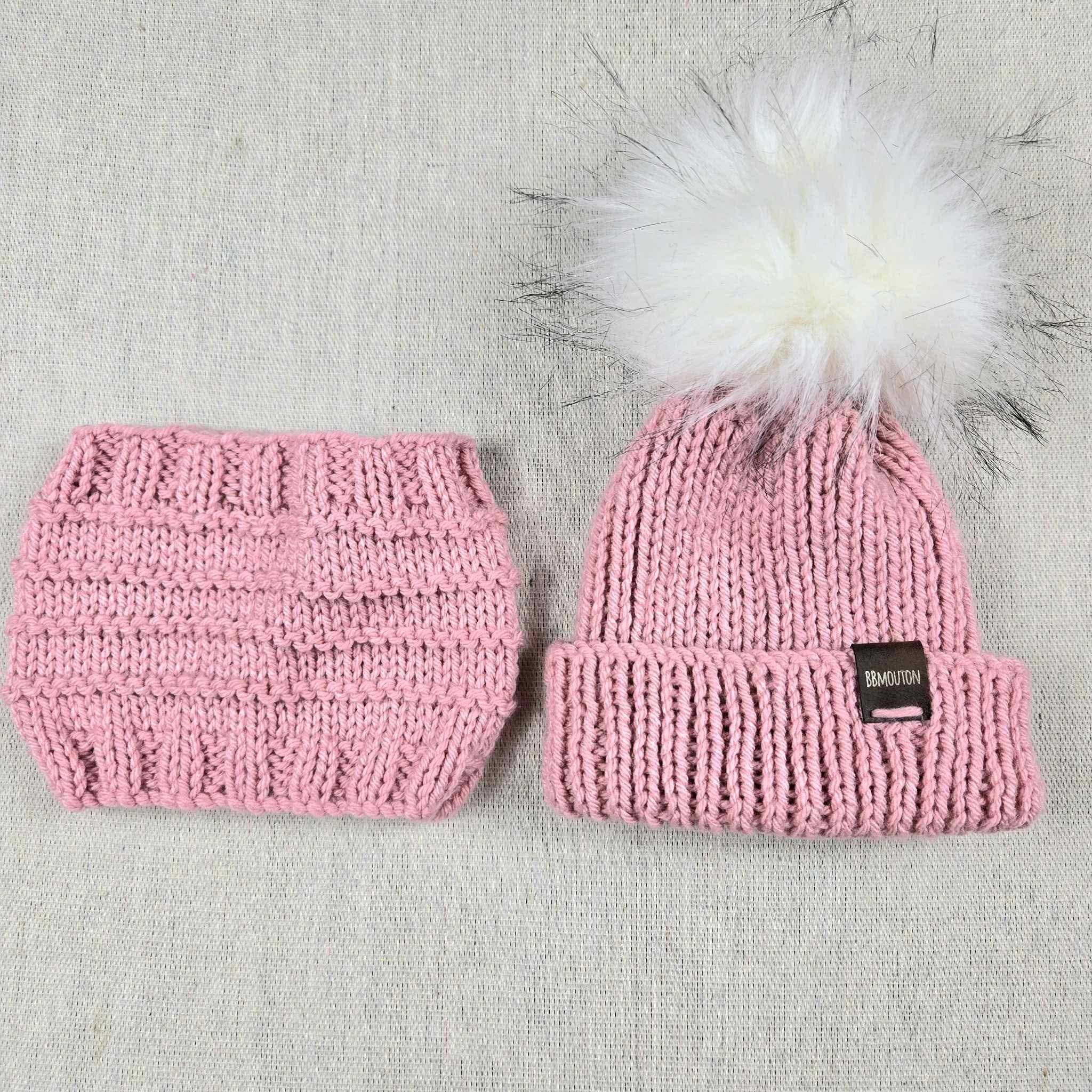 Tuque Évolutive & Cache-cou Rose Moyen (0-6 Mois)