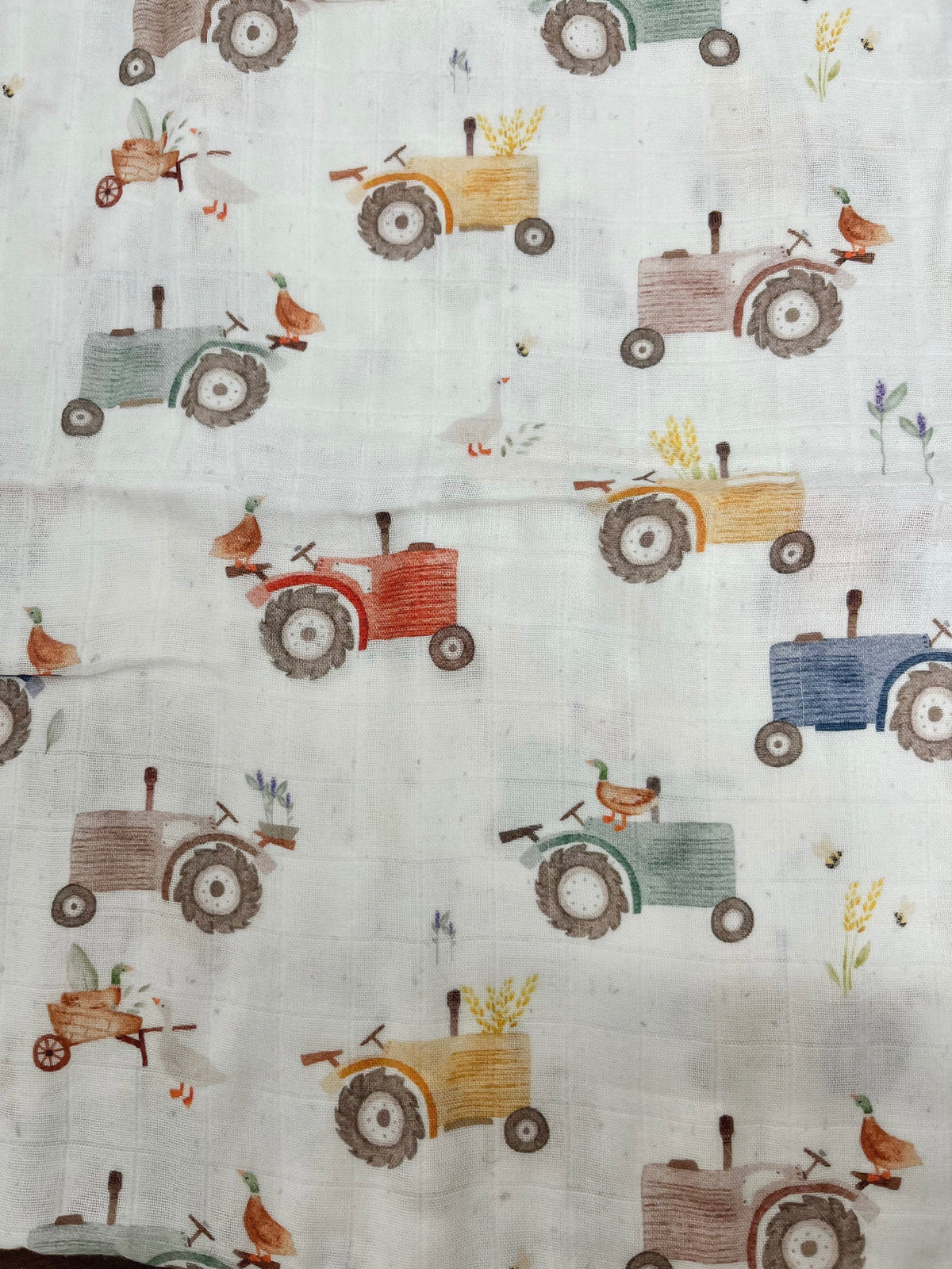 Mousseline Bambou Tracteurs Vintage Blanc
