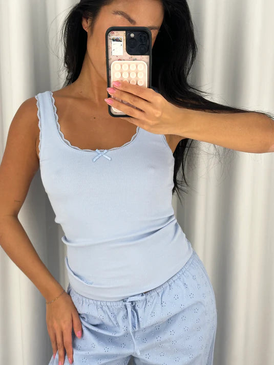 Cami Cotton Ribbed Lace Blue