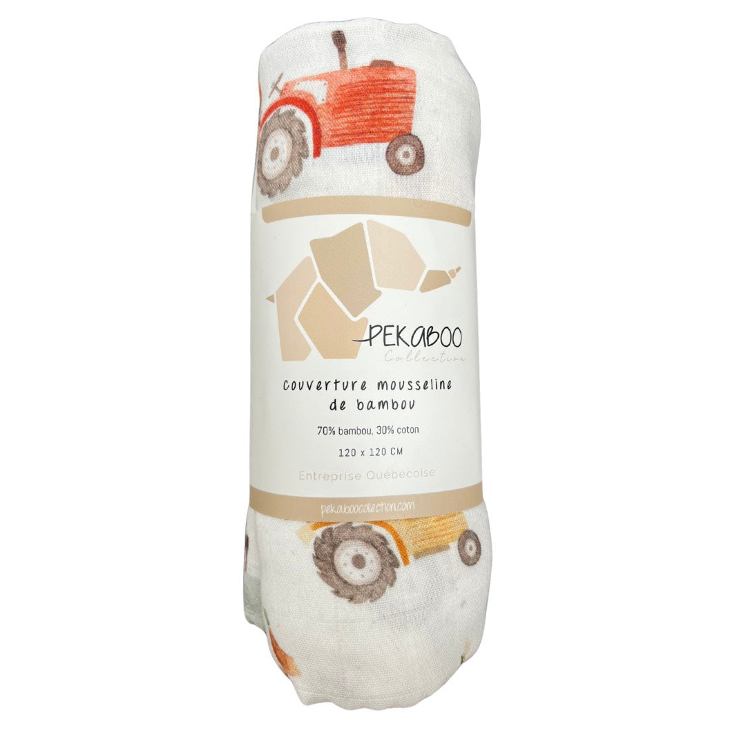 Mousseline Bambou Tracteurs Vintage Blanc