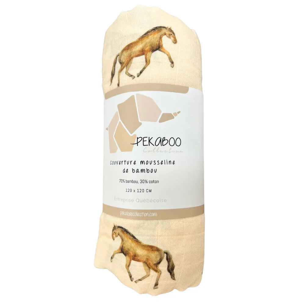 Mousseline Bambou Chevaux & Feuillage Beige