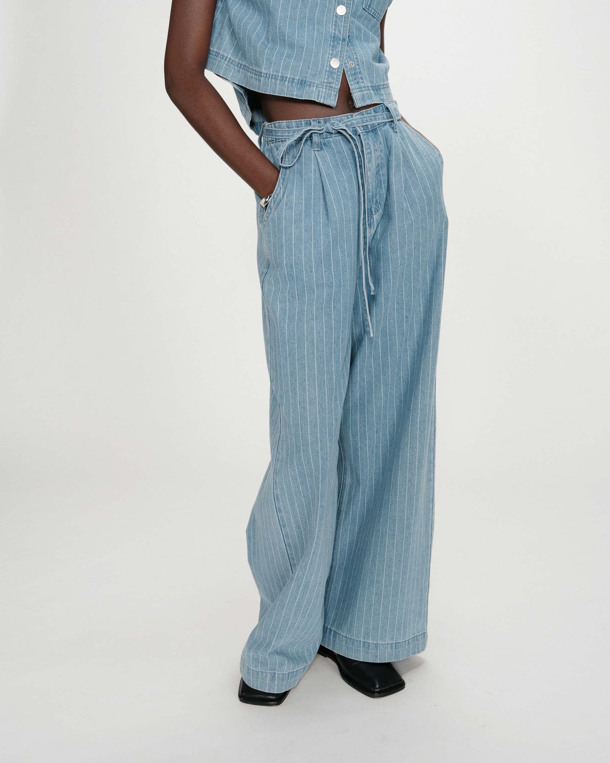 Pantalon Pompon Ligné Bleu