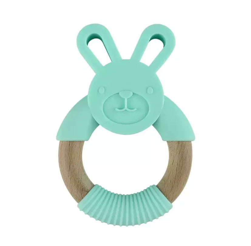 Jouet De Dentition Anneau Bois Lapin Turquoise