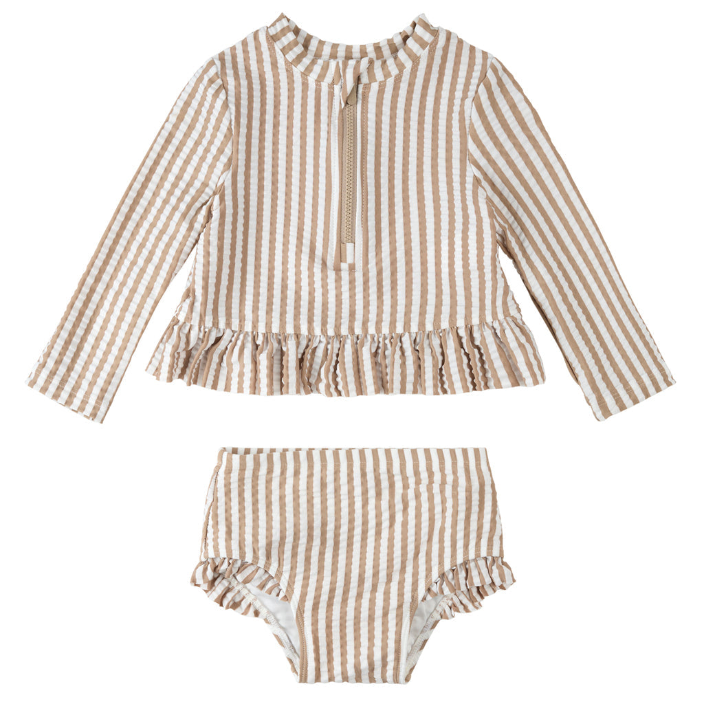 Ensemble Maillot À Manches Longues Et Culotte De Bain À Rayures Taupe