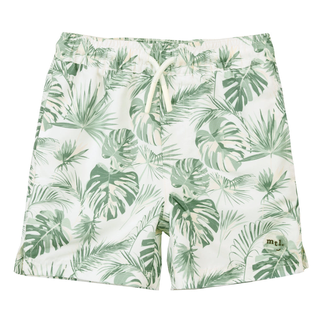 Short Maillot De Bain Blanc Cassé À Imprimé Feuilles De Jungle