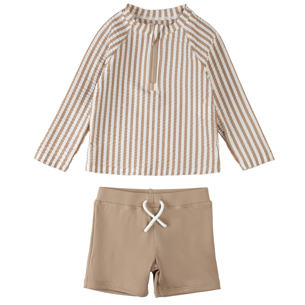 Ensemble Maillot À Rayures Taupe Et Short De Bain Beige