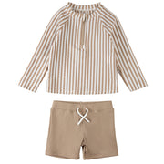 Ensemble Maillot À Rayures Taupe Et Short De Bain Beige